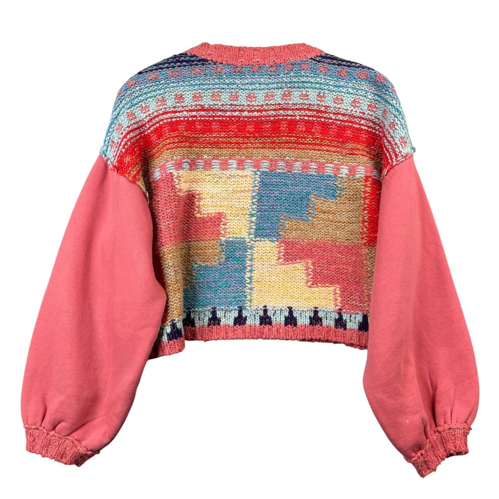 Pilcro Mixed Media Cropped Sweater Multicolor Geometric Knit Balloon Sleeve XS - Picture 2 of 8